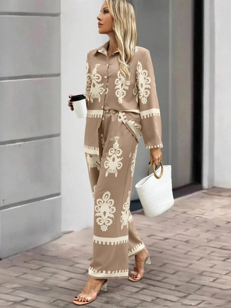 أوجيدر طقم قميص وبنطلون بطبعة بيج